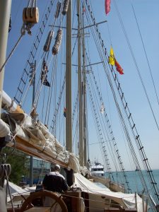 Photo of the rigging at the prow of a tall ship