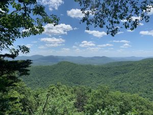 A view of the Blue Ridge Mountains, covered in trees, against a blue sky with puffy white clouds.