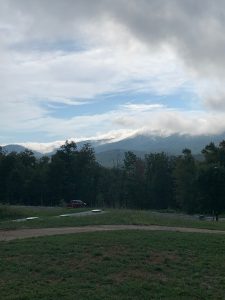 Fog shrouds the top of the Blue Ridge mountains.