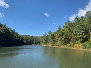 A mountain lake surrounded by trees, some with a hint of autumn color. There are mountains in the distance. The sky is blue with wisps of white cloud.